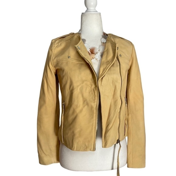 Mango Sheep Leather Buttercup Yellow Moto Jacket - Picture 4 of 9